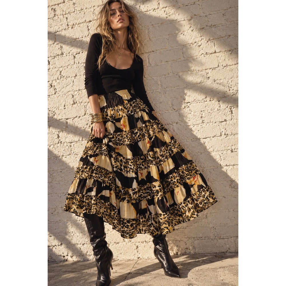Vintage Uta Raasch Black Yellow Tiered Maxi Leopard Floral Skirt Mob Wife 16